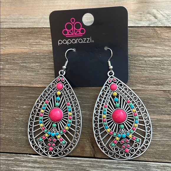 ❄️ Paparazzi | Silver and Pink Teardrop Earrings Boho Shabby Chic - Picture 7 of 10